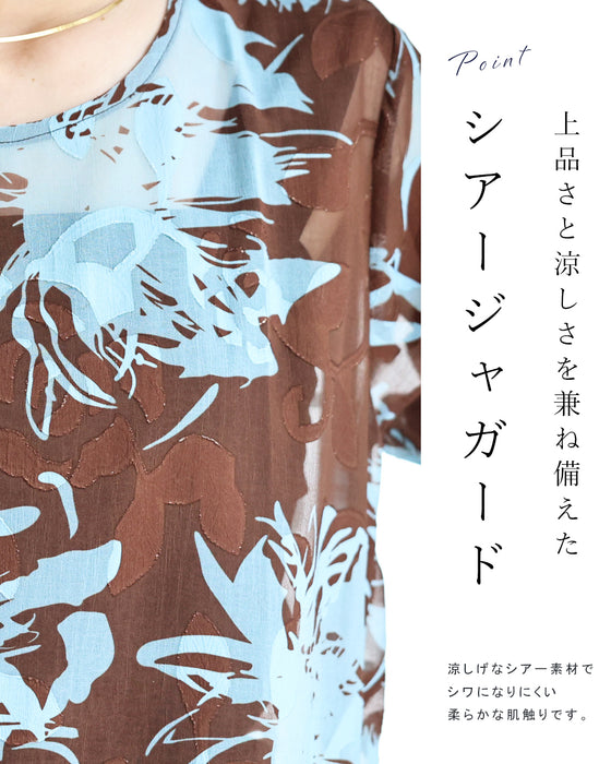 ジャガードの花浮かぶチョコミントカラーシアーチュニック