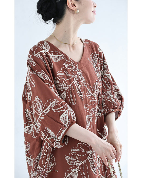 甘すぎない大人のリーフ刺繍ロングワンピース