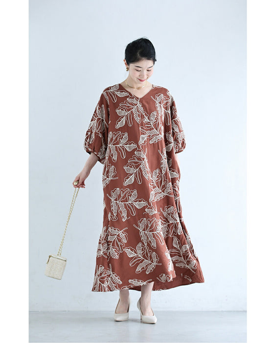 甘すぎない大人のリーフ刺繍ロングワンピース