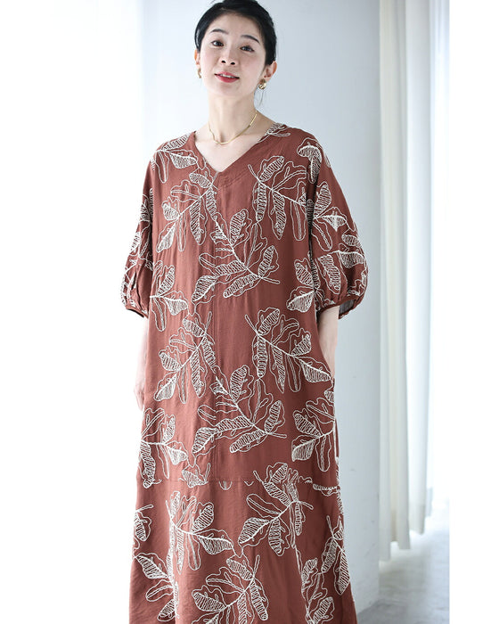 甘すぎない大人のリーフ刺繍ロングワンピース