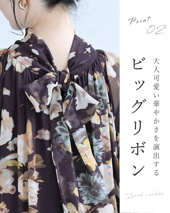 フレア裾の花柄シアーミディアムワンピース（紐ベルト付き）