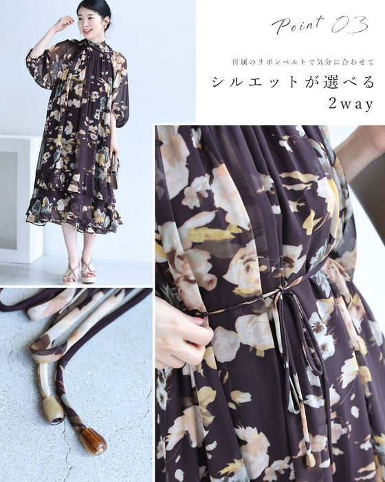 フレア裾の花柄シアーミディアムワンピース（紐ベルト付き）