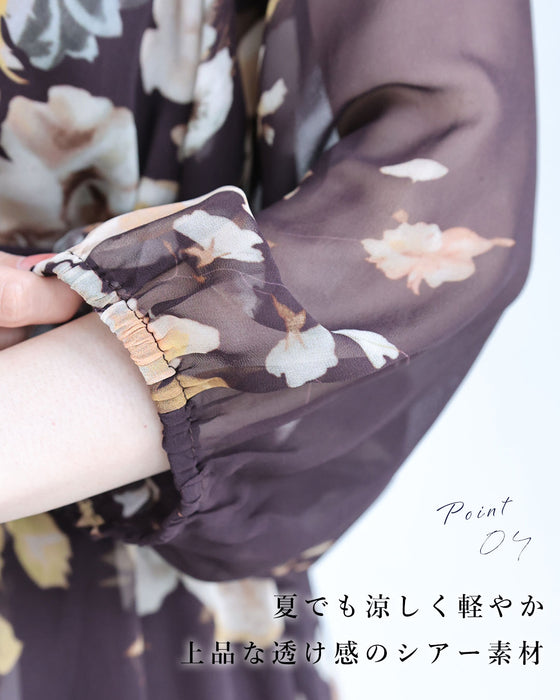 フレア裾の花柄シアーミディアムワンピース（紐ベルト付き）