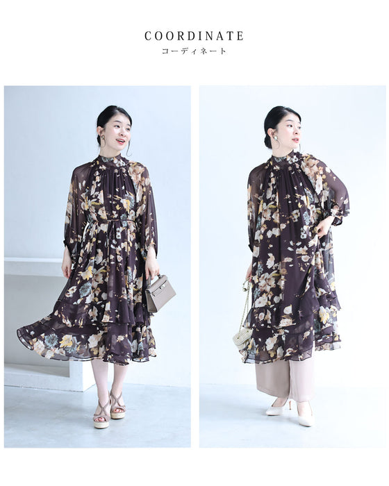 フレア裾の花柄シアーミディアムワンピース（紐ベルト付き）