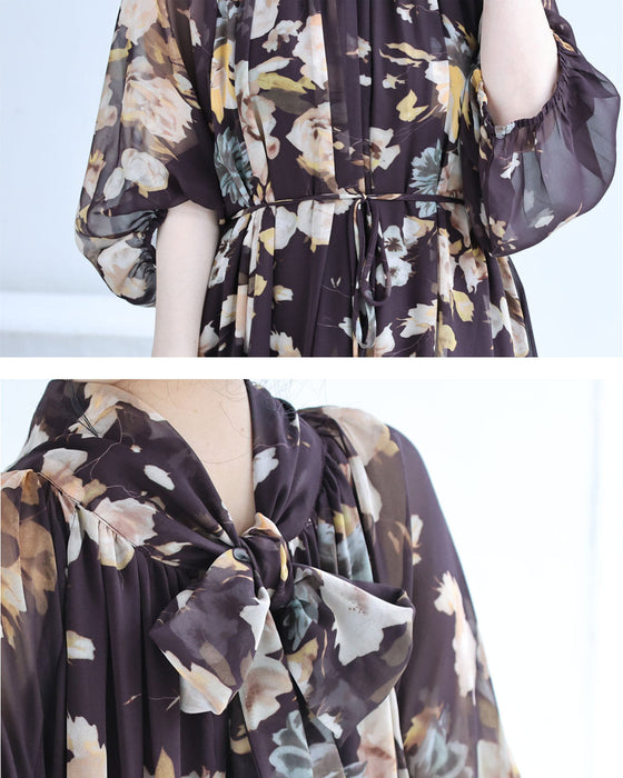 フレア裾の花柄シアーミディアムワンピース（紐ベルト付き）
