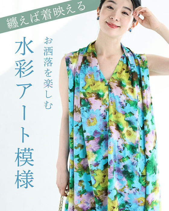 肩から流れるタックの水彩花ミディアムワンピース（ベルト付き）