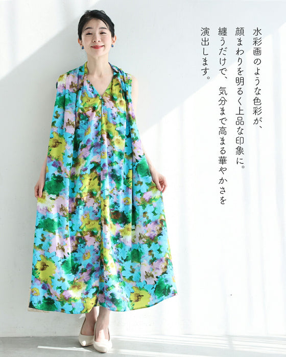肩から流れるタックの水彩花ミディアムワンピース（ベルト付き）