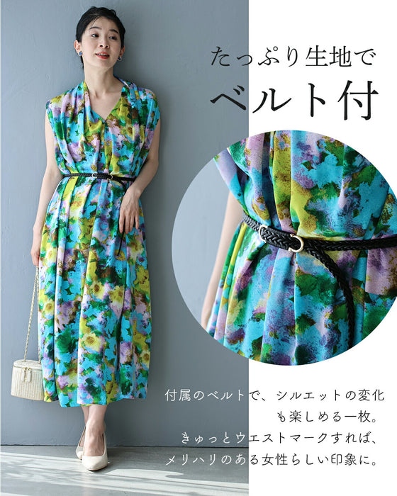 肩から流れるタックの水彩花ミディアムワンピース（ベルト付き）
