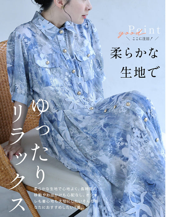 着心地さらり柔らかな白花ミディアムワンピース（ベルト付き）