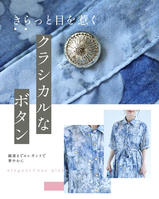 着心地さらり柔らかな白花ミディアムワンピース（ベルト付き）