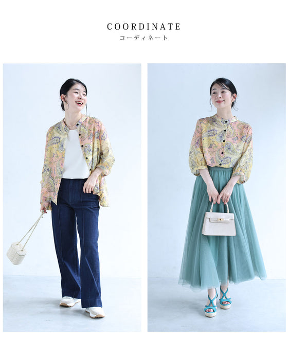 後ろバルーン裾のペイズリー柄シャツトップス