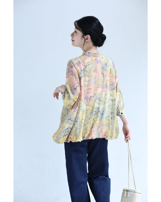 後ろバルーン裾のペイズリー柄シャツトップス