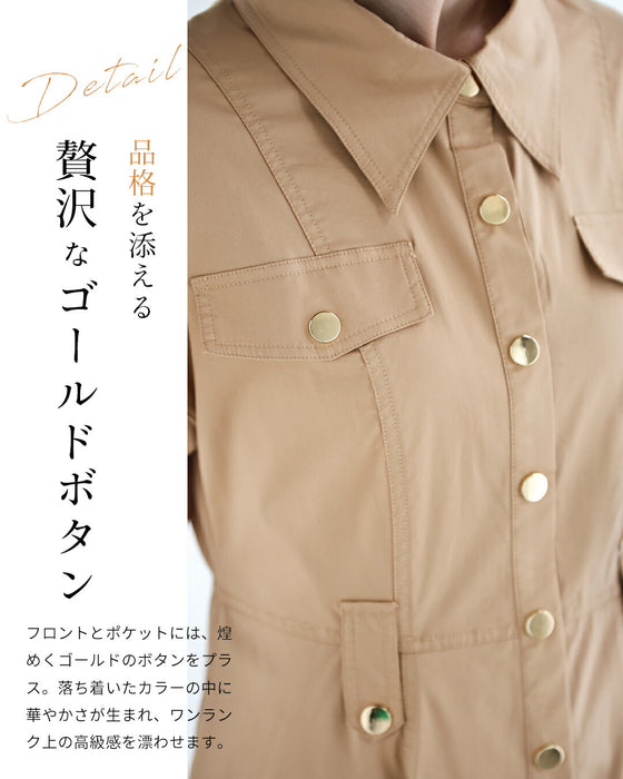 エレガントなAラインシャツロングワンピース（ベルト付き）