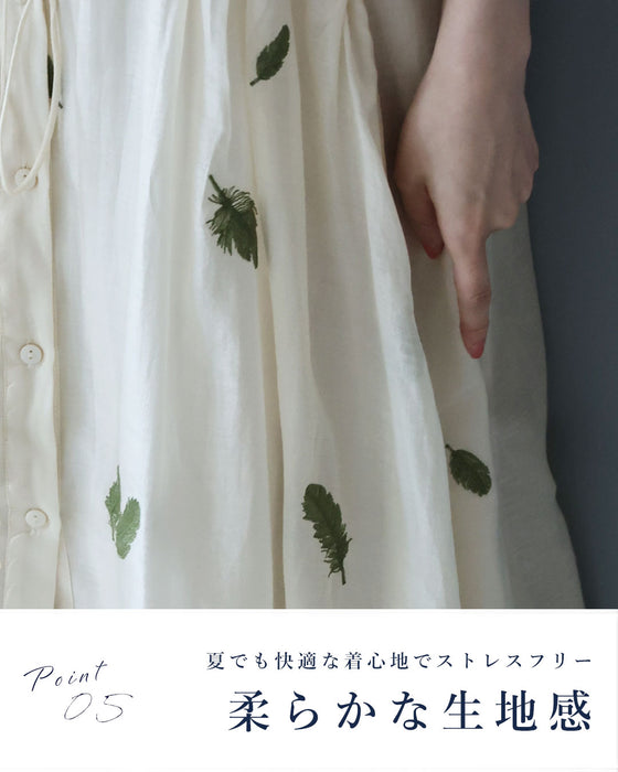 タックウエストのリーフ刺繍ミディアムワンピース