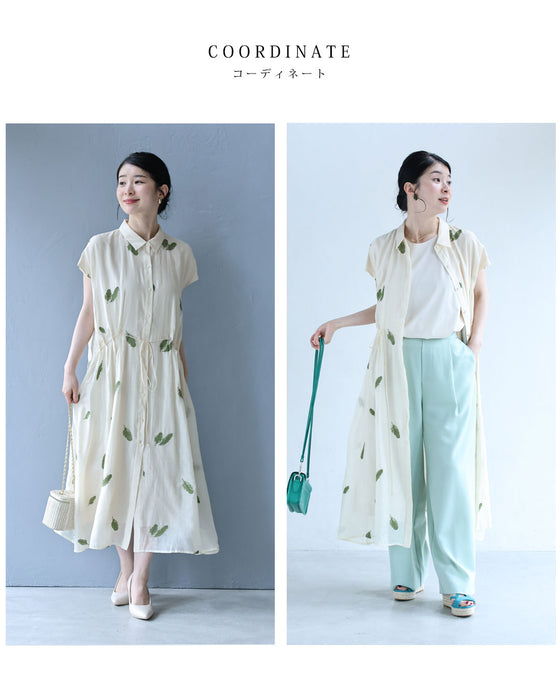 タックウエストのリーフ刺繍ミディアムワンピース