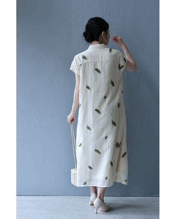 タックウエストのリーフ刺繍ミディアムワンピース