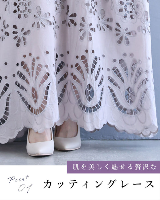 縁取り花刺繍のカッティングレースロングワンピース（インナー付き）