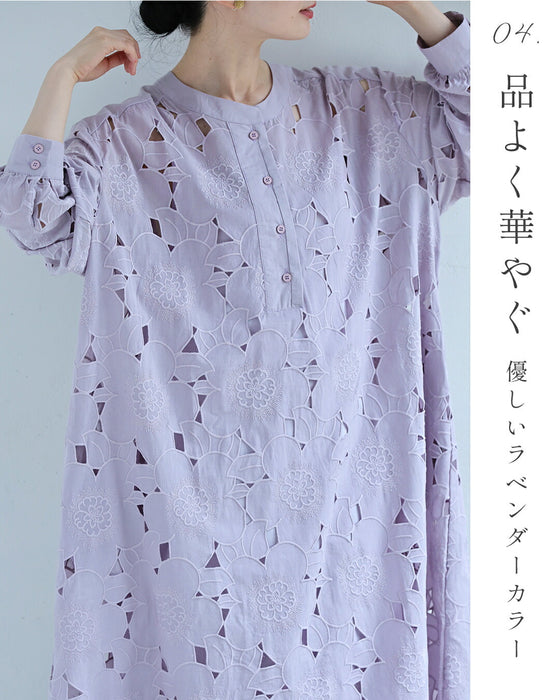 縁取り刺繍のカットアウトフラワーロングワンピース（インナー付き）