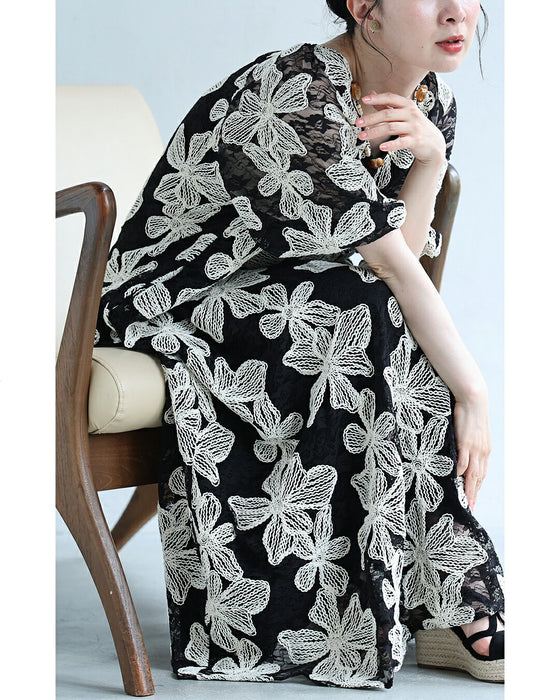 レースに重なる白花刺繍ロングワンピース