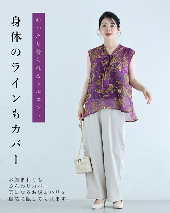 リボン揺れる優美な植物画シフォンブラウストップス