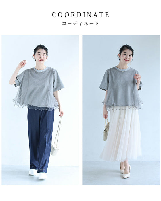 波うつ2重チュールのベールTシャツトップス