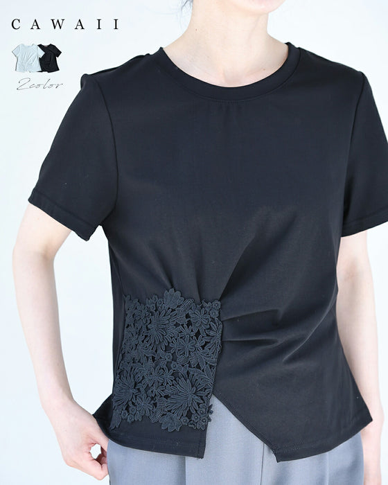 花のスクエアレースのタックTシャツトップス