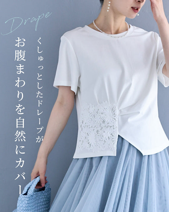 花のスクエアレースのタックTシャツトップス