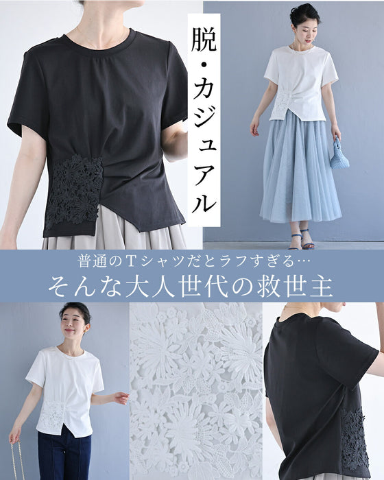 花のスクエアレースのタックTシャツトップス