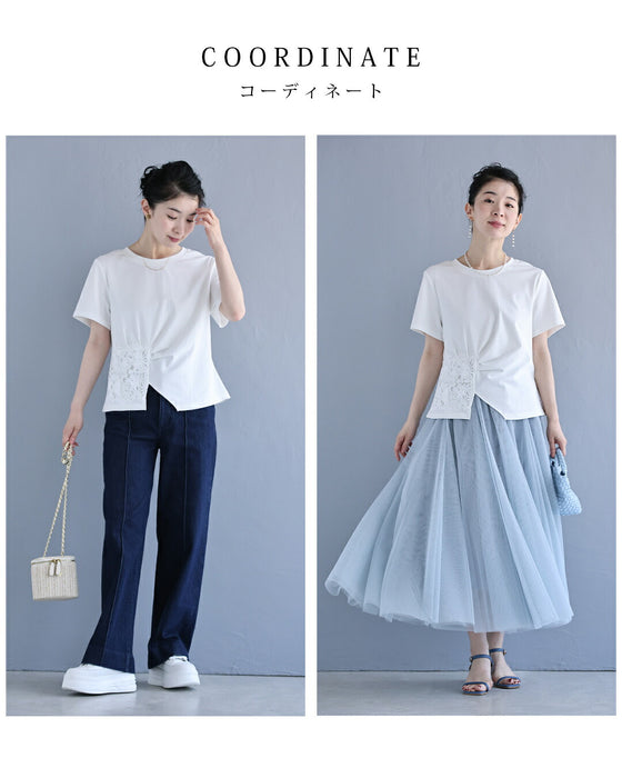 花のスクエアレースのタックTシャツトップス