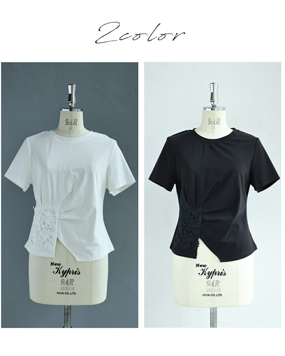 花のスクエアレースのタックTシャツトップス
