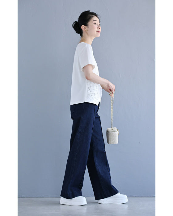 花のスクエアレースのタックTシャツトップス