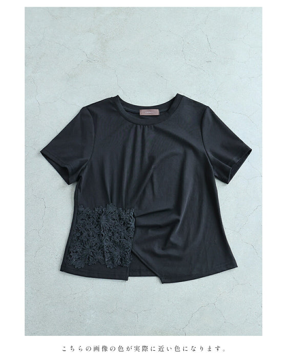 花のスクエアレースのタックTシャツトップス