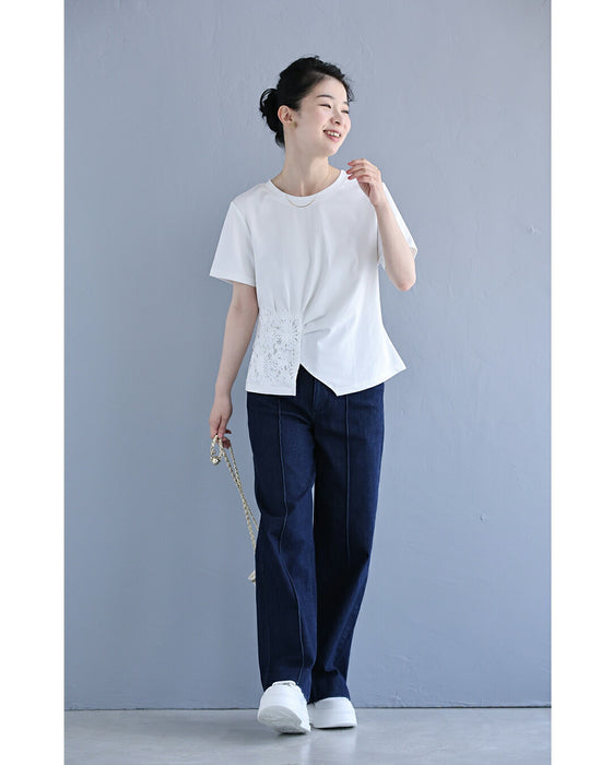花のスクエアレースのタックTシャツトップス