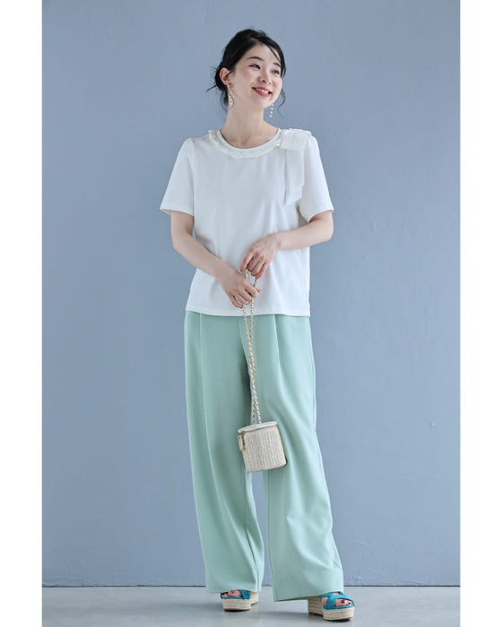 ツイストパールネックの肩リボンTシャツトップス