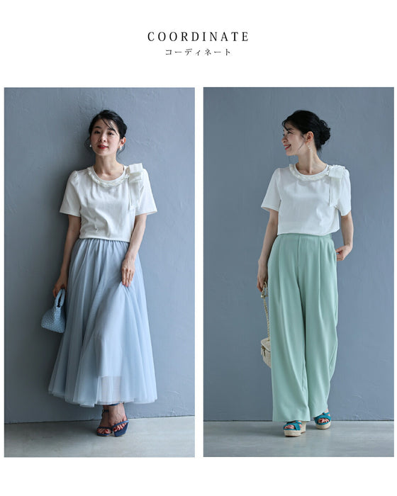 ツイストパールネックの肩リボンTシャツトップス