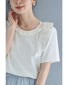 ツイストパールネックの肩リボンTシャツトップス