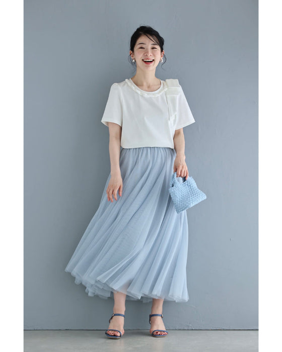 ツイストパールネックの肩リボンTシャツトップス