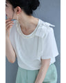 ツイストパールネックの肩リボンTシャツトップス