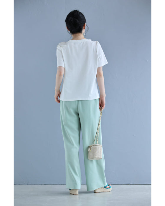 ツイストパールネックの肩リボンTシャツトップス
