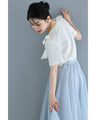 ツイストパールネックの肩リボンTシャツトップス