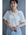 ツイストパールネックの肩リボンTシャツトップス