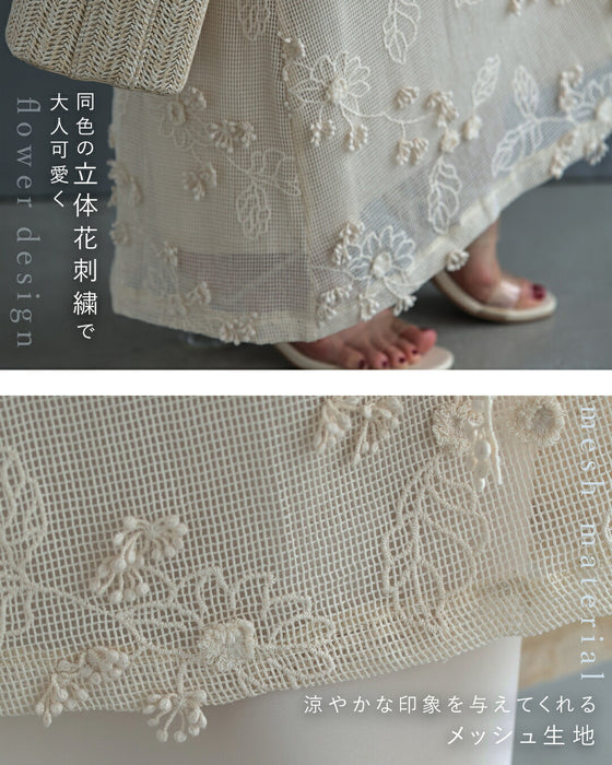 花びら浮かぶ刺繍のメッシュレイヤードロングワンピース（紐ベルト付き）