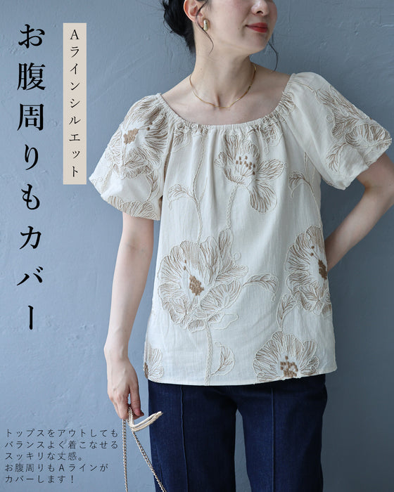 大輪の花刺繍パフスリーブプルオーバートップス