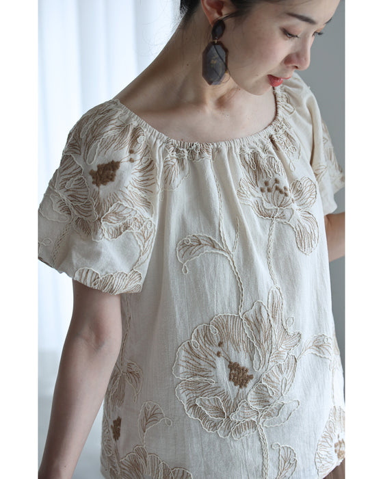 大輪の花刺繍パフスリーブプルオーバートップス