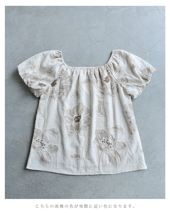 大輪の花刺繍パフスリーブプルオーバートップス