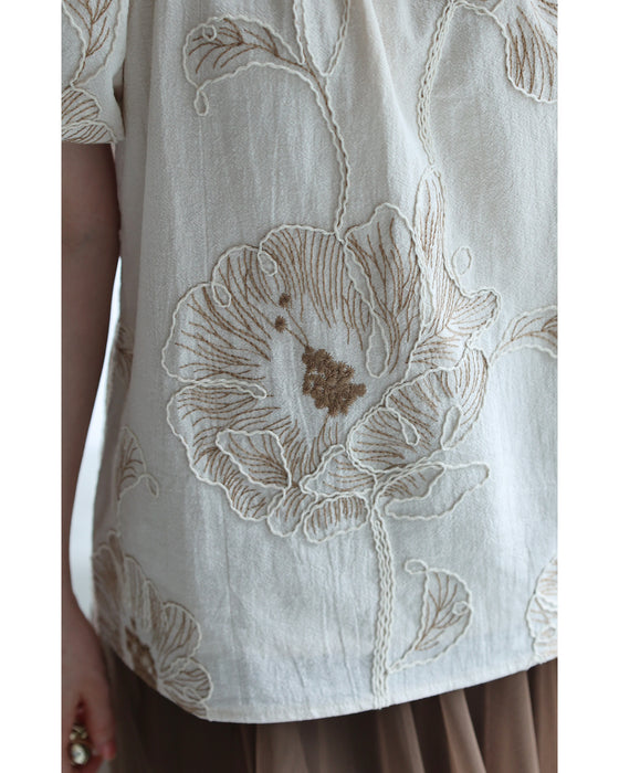 大輪の花刺繍パフスリーブプルオーバートップス