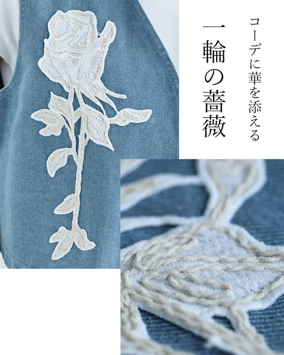バラの花刺繍浮き立つデニムベスト