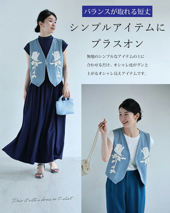 バラの花刺繍浮き立つデニムベスト