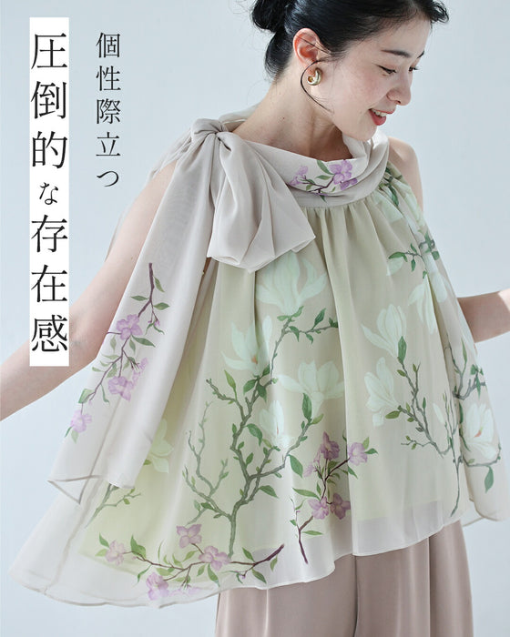 ふんわりリボンネックのアジアンな花画ブラウストップス