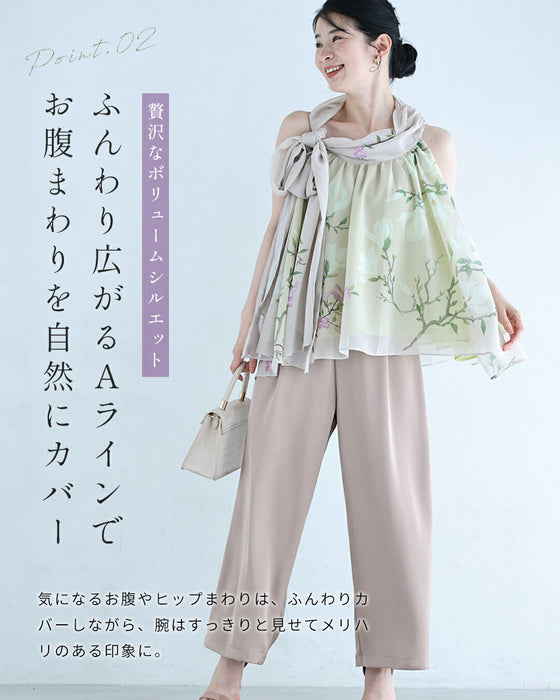 ふんわりリボンネックのアジアンな花画ブラウストップス